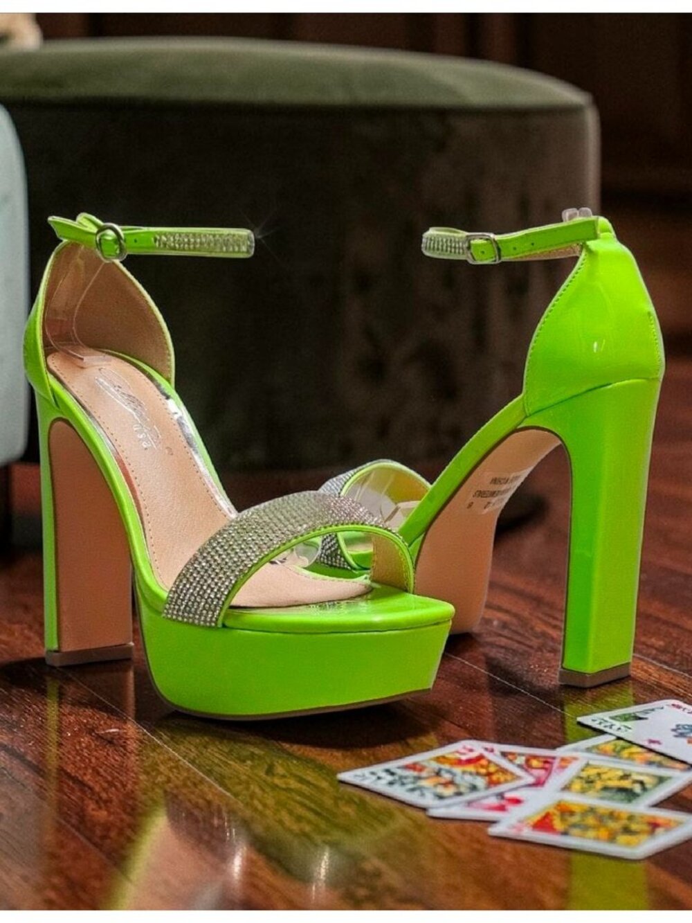 Neon Green Rhinestone Platform High Heel Sandals With Clear Ankle Strap Square T